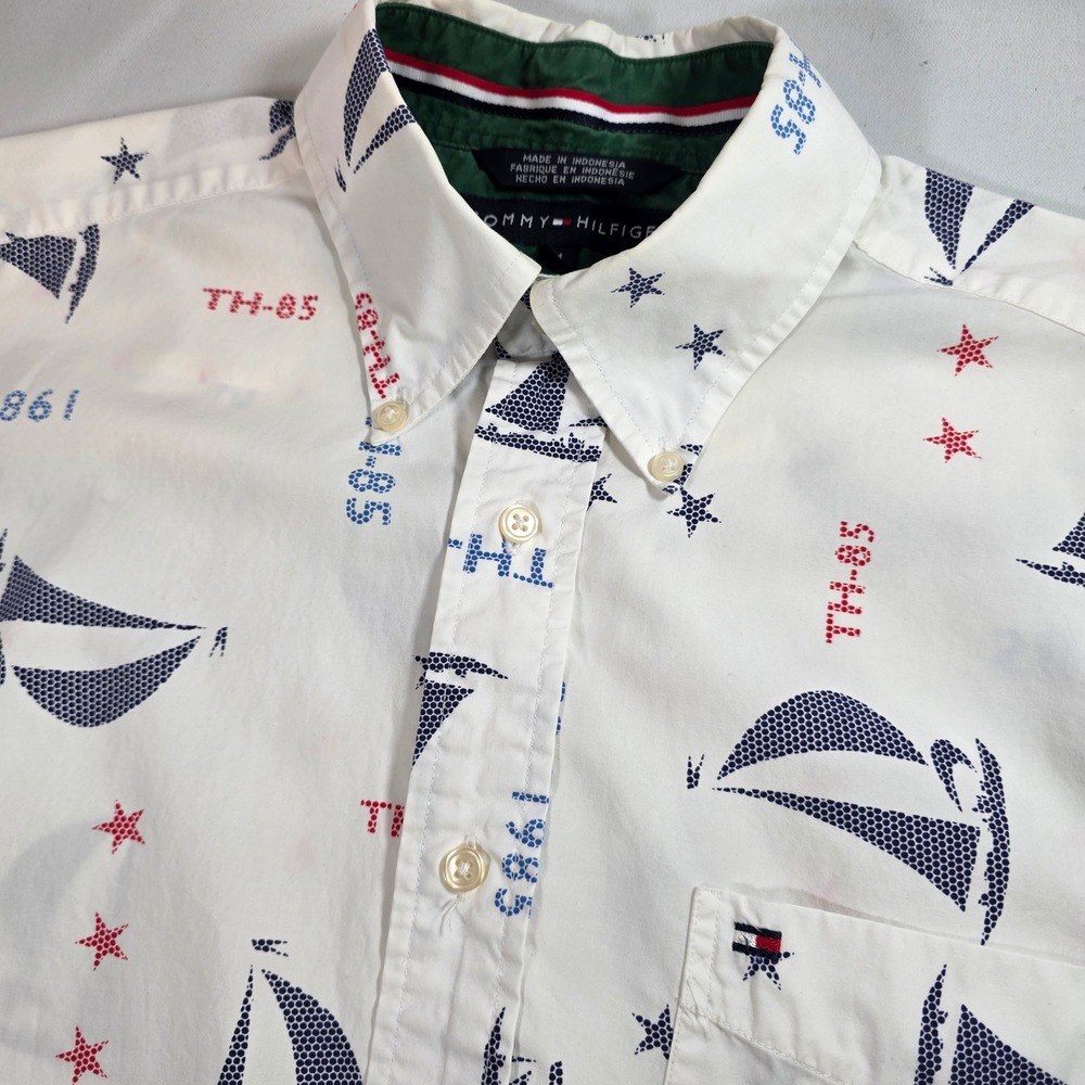 Tommy Hilfiger TH-85 All-Over Sailboat Mens M‎ White Button Down Camp Shirt